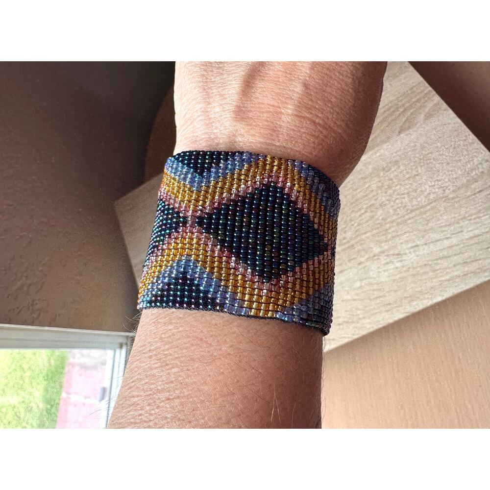 Handmade Vintage Beaded Wide Bracelet - 8"